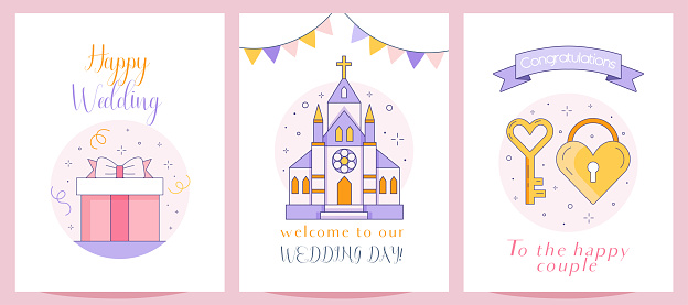 Wedding wishes greeting cards with festive gift and romantic church. Happy wedding day congratulation postcards or celebration party invitations in line illustration. Get married greetings.