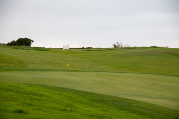 green golf course perfectly cut, in a housing complex by the sea - golf ball spring cloud sun imagens e fotografias de stock