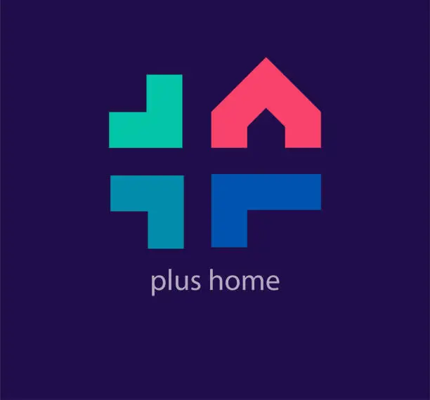 Vector illustration of Creative plus home logo. Unique color transitions.