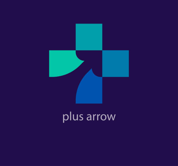 Creative plus sign inside arrow logo. Unique color transitions. Unique health goal logo template. vector target acquisition stock illustrations