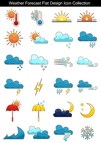 Cloudy, sun, rain, wind, snow, sunset,sunrise,temperature,storm and moon flat design icon illustration.