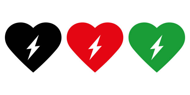 illustrazioni stock, clip art, cartoni animati e icone di tendenza di simbolo dell'icona del defibrillatore automatico esterno dae con cuore e flash - cpr emergency services urgency emergency sign