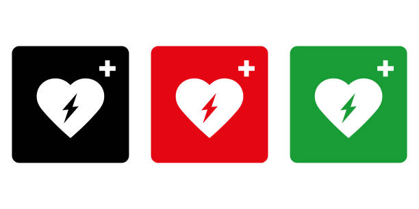 ilustraciones, imágenes clip art, dibujos animados e iconos de stock de símbolo de icono de desfibrilador externo automático dea con corazón y flash - cpr emergency services urgency emergency sign