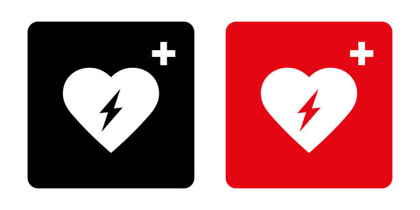 ilustraciones, imágenes clip art, dibujos animados e iconos de stock de símbolo de icono de desfibrilador externo automático dea con corazón y flash - cpr emergency services urgency emergency sign