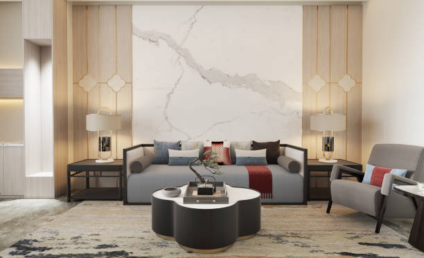 istock Modern chinese style living room interior, Sofa set and center table. 3D illustration 1498350836
