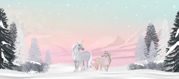 Vector illustration of Christmas background,New year 2024 Card ,Winter Scene landscape with Unicorn standing Snow falling on pastel pink, blue Sky background,Vector Fantasy cute cartoon unicorn family in winter forest