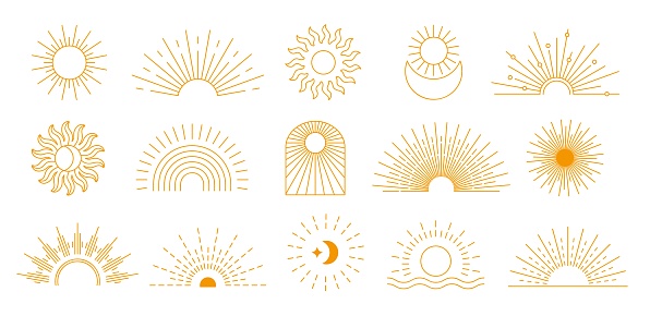 Bohemian sunburst. Sunrise symbol, sun and moon rays. Symbolic celestial boho motifs decoration elements vector set. Sunset on seaside, moonlight with stars minimalistic design, tattoo collection