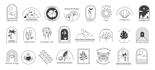 Bohemian linear tropical emblem template. Minimal abstract badges, modern line art Boho designs vector set. Mountain and tropical landscape, exotic flowers, butterfly and modern art symbols