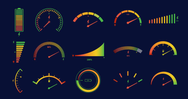 ilustraciones, imágenes clip art, dibujos animados e iconos de stock de básculas de calibre de coche eléctrico. medidor de energía, indicador de nivel de energía de la batería para el conjunto vectorial del panel del tablero de vehículos eléctricos - gauge