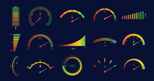 Vector illustration of Electric car gauge scales. Energy meter, battery power level indicator for ev dashboard panel vector set