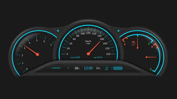 Vector illustration of Car dashboard. Vehicle performance monitoring indicators and gauges, fuel level and speedometer ui vector illustration