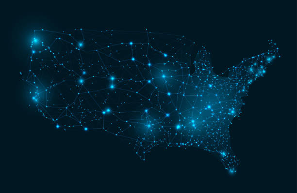 peta wireframe grid as. jaringan terhubung ibukota negara bagian amerika, komunikasi internet amerika dan ilustrasi vektor peta digital futuristik - budaya amerika serikat ilustrasi stok