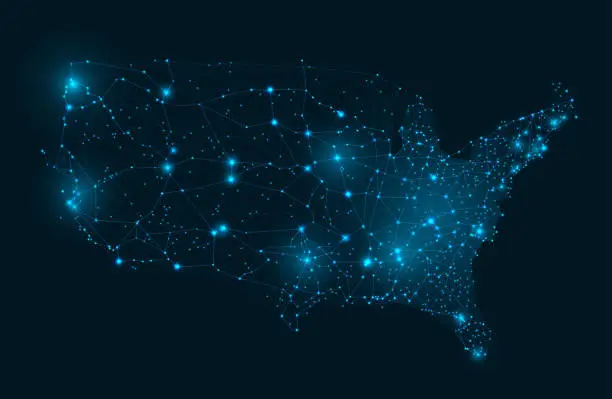 Vector illustration of USA grid wireframe map. Connected network of states of America capitals, American internet communications and futuristic digital map vector illustration