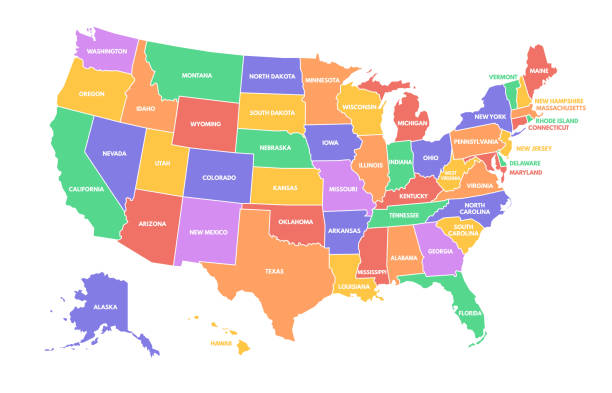 다채로운 미국지도입니다. 여행 및 지리 벡터 일러스트레이션 인포그래픽 디자인에 대한 다양한 ��색상과 이름을 가진 미국 지역 - new england region stock illustrations