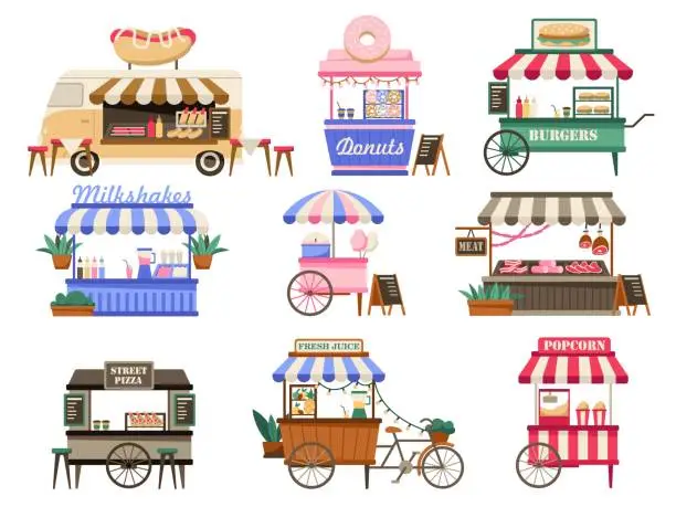 Vector illustration of Street vendor booths. Outdoor local market stalls and fast food kiosks. Festival food court cartoon vector illustration set