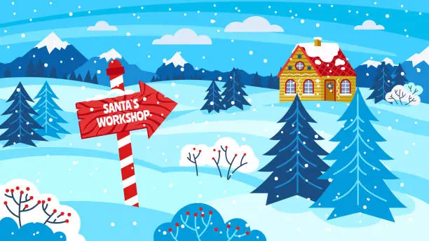Vector illustration of Santa_s Workshop. North Pole Christmas residence, elf village card for winter holidays cartoon vector illustration