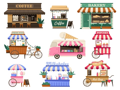 Cozy market stalls and booths. Coffee and bakery shop, ice cream van, popcorn, cotton candy, hot dog and drinks kiosks vector illustration set. Selling refreshments as juice and milkshakes