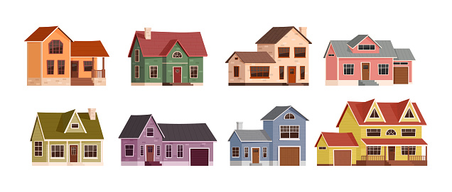 Cartoon American suburban houses. Home exterior, suburbs neighborhood buildings and real estate vector illustration set. Contemporary one and two-story rural properties, urban residence facade