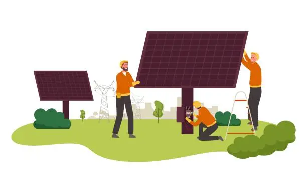 Vector illustration of 2304.m01.i024.n005.F.c07.1793765836 Utility workers install solar panels. Solar power plant maintenance, sustainable green energy and electrical power lines vector illustration