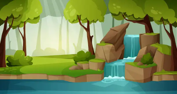 Vector illustration of 2304.m01.i024.n009.S.c20.2089855042 Mountain waterfall landscape. Tropical rainforest water cascade on cliff with splashes foliage stones, river stream on rock cartoon style. Vector illustration
