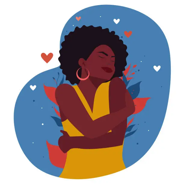 Vector illustration of Beautiful young african american woman over isolated background Embracing herself happy and positive, smiling confidently.
