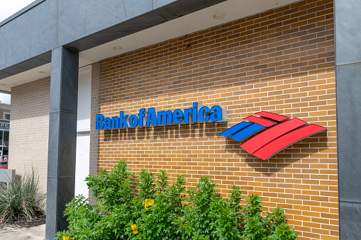Seguin, Texas, USA. 31 May 2023. Bank of America sign on a building in Seguin.