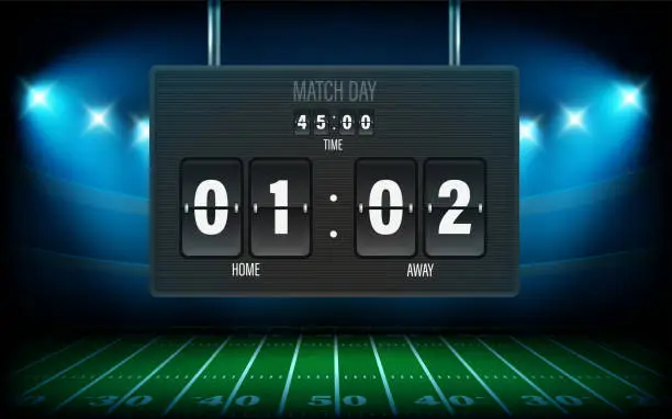 Vector illustration of Illuminated football stadium with scoreboard. 3d vector illustration