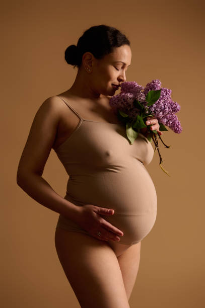 Beautiful pregnant woman in beige lingerie, holding hand on her big belly, smelling a bunch of blooming purple lilacs stock photo