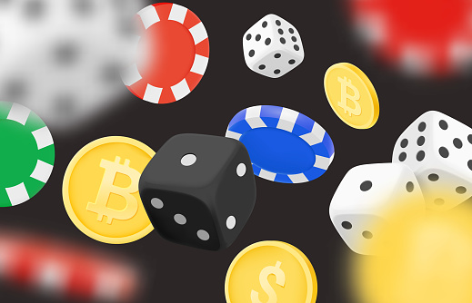 Casino game concept. Dice, casino chips and coins. Gamebling concept. 3d vector clipart