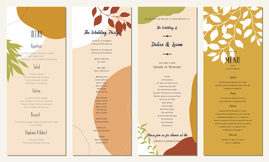 Universal vertical templates. Wedding, restaurant and party menu in bold autumn colors. Can be used as horizontal banners, posters, flyers, brochures, email headers, post in social networks, advertising, events and page covers, backgrounds, etc