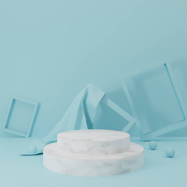 istock Abstract Background of light blue product presentation podium marble with fabric on frame. 3d rendering 1498355522