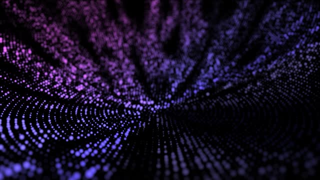 Computer graphics. The digital background of bright lilac dots arranged in circles goes into the tunnel