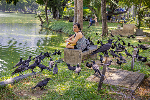 Lumphini Park, Bangkok, Thailand - March 27th 2023: Woman feeding the birds in the large public park in the center of the capital of Thailand