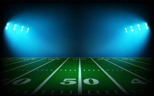 Vector illustration of Illuminated american football stadium with projectors. 3d vector illustration