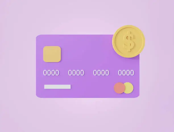3D credit card and coins icon on isolate purple background.Shopping online and paying by credit card.Payment concept for online shopping, business and finance,banking.3D render,Illustration.