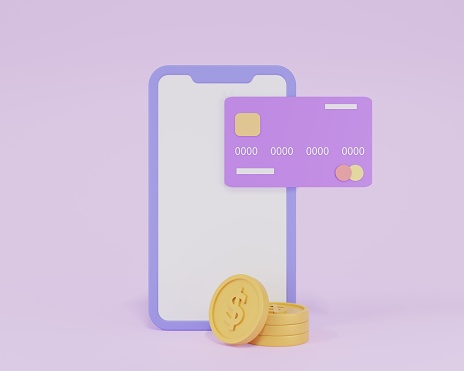 Mobile credit card and coin dollar on purple background.Mobile wallet on smartphone.Payment concept for online shopping,business and finance,banking.phone with credit card icon.3d render