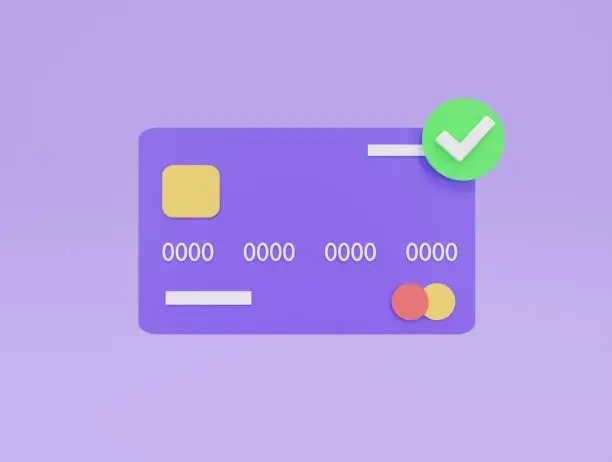 3D Credit card or debit card icon on isolate purple background.Check mark button icon.checklist icon or check mark button.money and financial concepts.Payment concept for online shopping.3d render