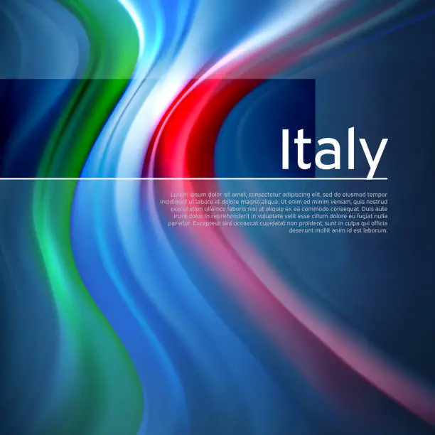 Vector illustration of Italy abstract flag background. Blurred pattern of light colors lines of the italian flag in blue sky, business brochure design. State banner, italy poster, patriotic flyer, cover. Vector