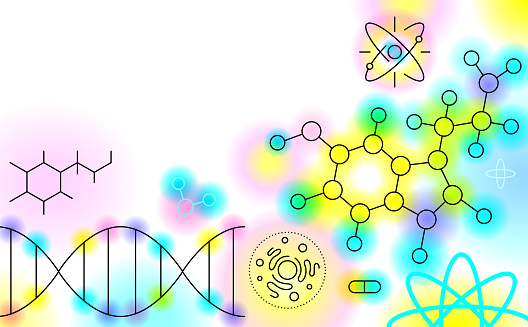 Abstract chemistry science background with symbols in vibrant colors and with copy space. Editable vectors on layers.