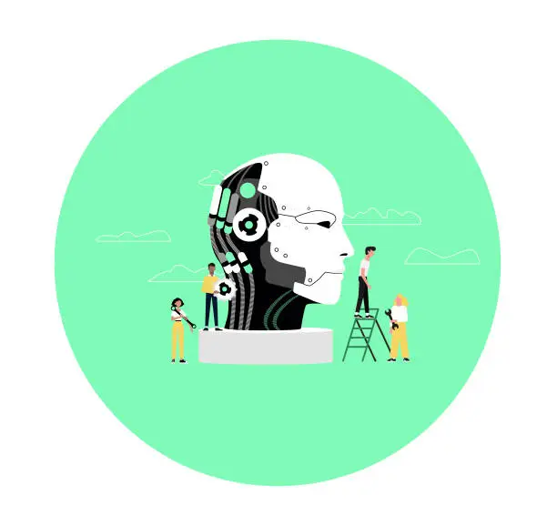 Vector illustration of illustration about artificial intelligence with characters building a robot head