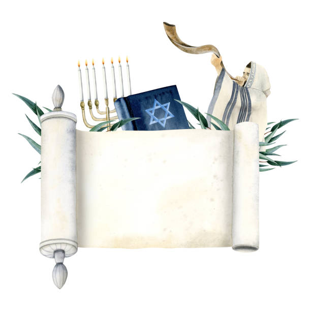 Blank Torah scroll with Yom Kippur symbols banner template watercolor illustration isolated on white background for Jewish New year and Atonement day with menora, book, shofar Blank Torah scroll with Yom Kippur symbols banner template watercolor illustration isolated on white background for Jewish New year and Atonement day with menora, book, shofar. jewish prayer shawl stock illustrations