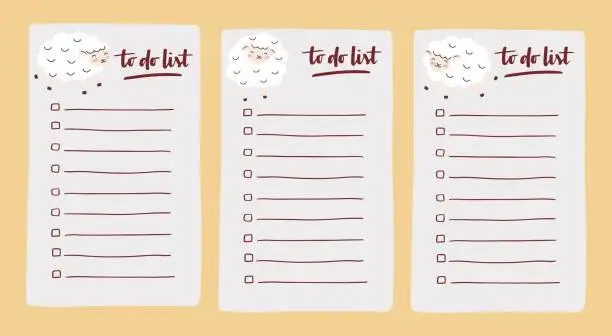 Vector illustration of Set collection of to do list template decorated by cute sheep. Cute design of schedule, daily planner or checklist. Perfect for planning, notes and self-organization.