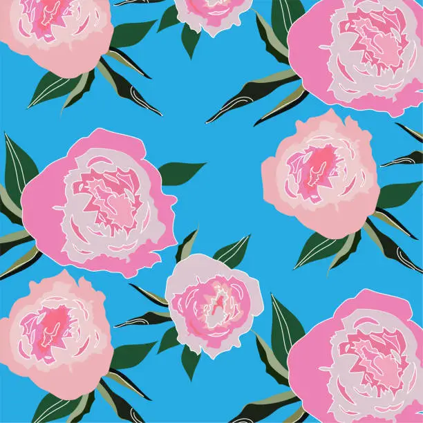 Vector illustration of Summer pattern with peony flowers in pink tones