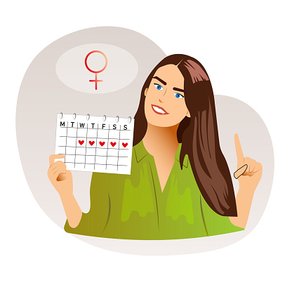 Flat young woman mark date of menstrual periods in calendar. Menstruation cycle control or pregnancy planning. Pms tracker or ovulation day. Concept of women health, prediction of fertile days.