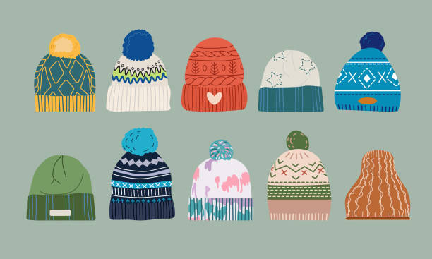 ilustraciones, imágenes clip art, dibujos animados e iconos de stock de set de sombreros de primavera, otoño o invierno plana diseño vectorial - knit hat