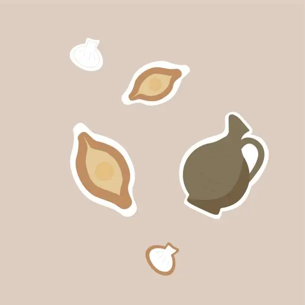 Vector illustration of khachapuri and khinkali on a beige background. Georgian food