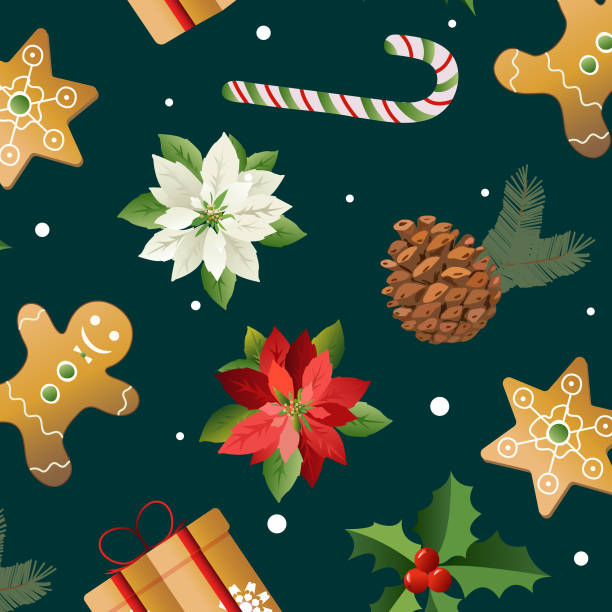 ilustraciones, imágenes clip art, dibujos animados e iconos de stock de fondo sin fisuras de navidad y año nuevo con regalos, conos de abeto, hombre de pan de jengibre, flor de pascua, dulces, bayas. - puna