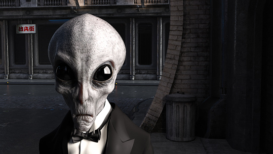 3d illustration of the head and shoulders of a gray alien wearing a tuxedo on a dark littered street.