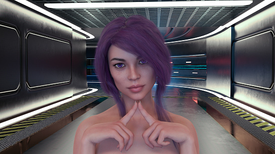 3d Illustration of a woman with purple eyes and hair standing in a starship corridor gesturing with two fingers together.