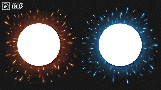 Vector illustration of Blank White Round with Fire Sparks Flying, Blue and Orange Sparks